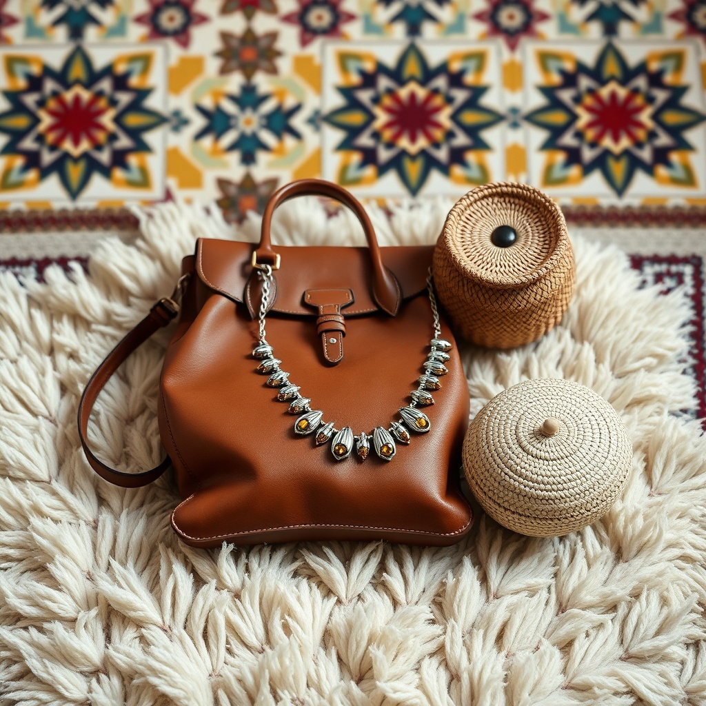 Collection of exclusive luxury Moroccan gifts featuring handcrafted leather goods and silver jewelry.