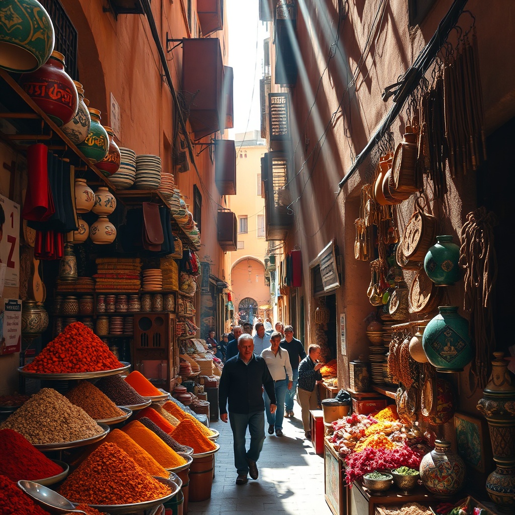 Bustling alleyways in the historic Fez Medina filled with spices and crafts, showcasing essential city highlights for travelers exploring Fez in 48 hours.
