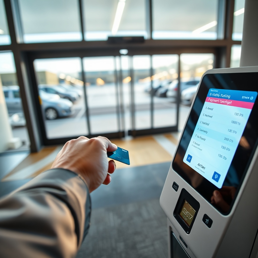 Traveler using the automated payment machine at Fez airport parking to pay for parking fees digitally.