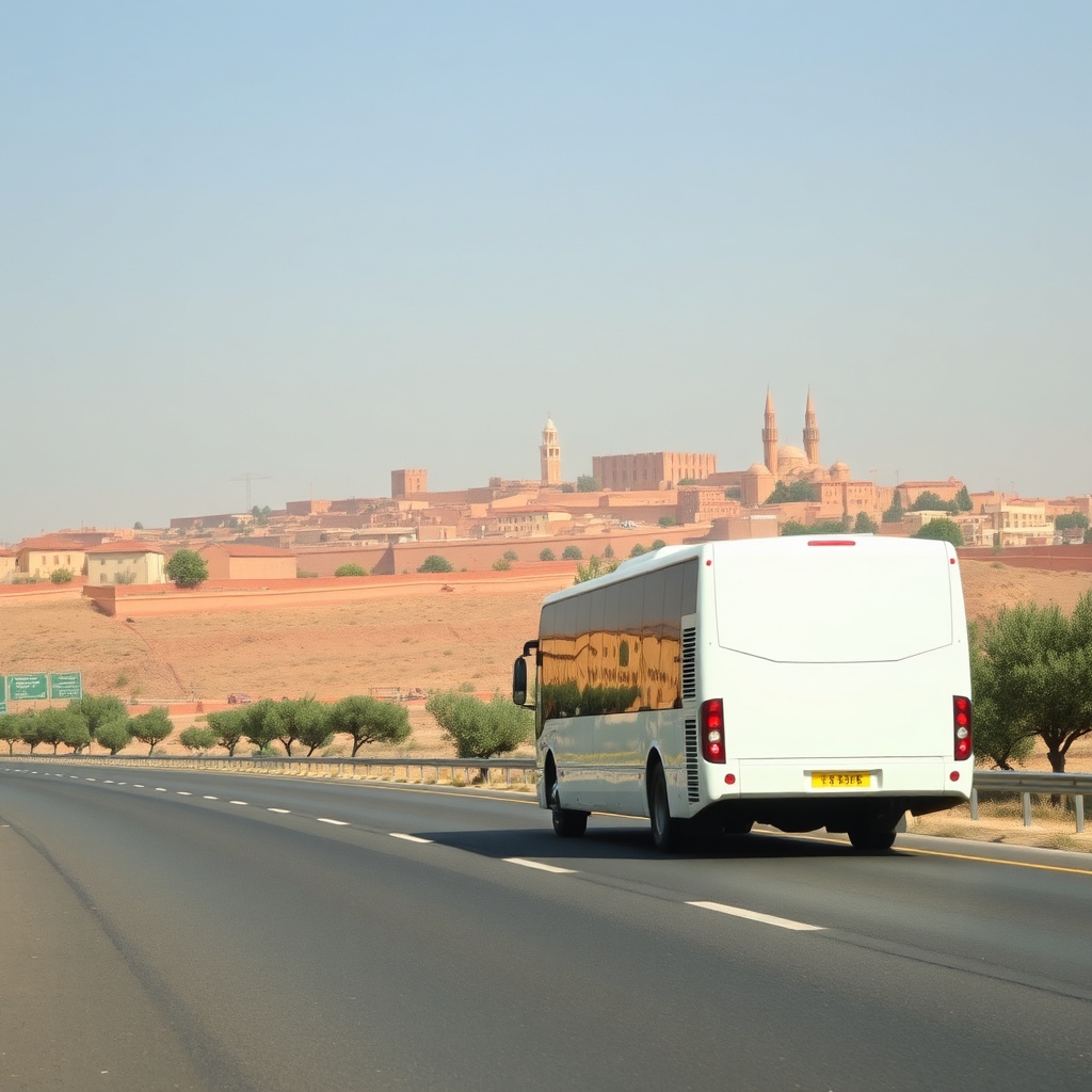 Public airport shuttle bus driving towards the city center as a budget transport Fez Airport to city option