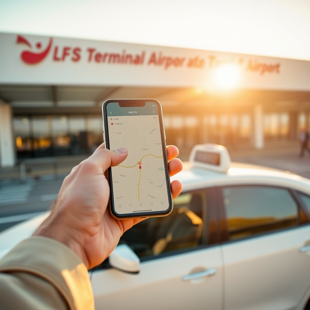 A traveler using a smartphone near an official taxi at Fez Airport, highlighting essential travel tips for a seamless journey