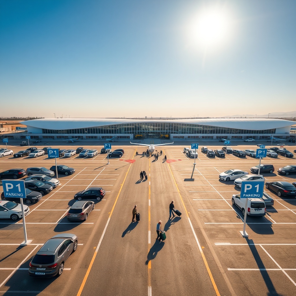 Aerial view of the official Fez airport parking P1 lot with cars parked near the modern Saïss Airport terminal under a clear sky.