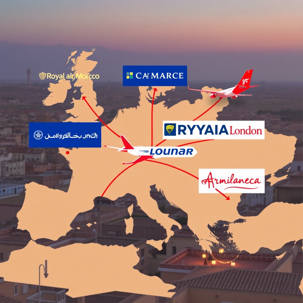Airlines flying to Fez illustrated with carrier logos, flight routes from Europe and North Africa, and Fez medina backdrop