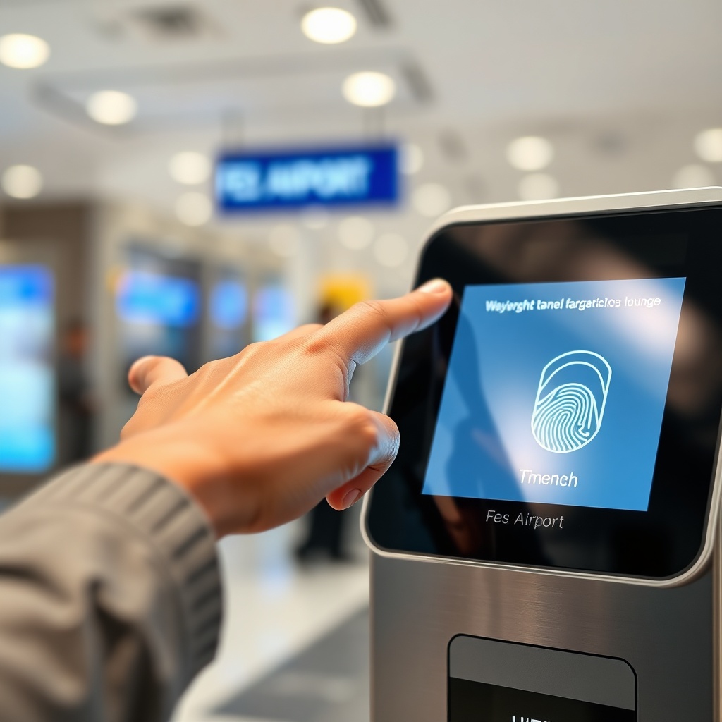 Traveler using biometric check-in at the Fez Airport lounge for efficient entry.
