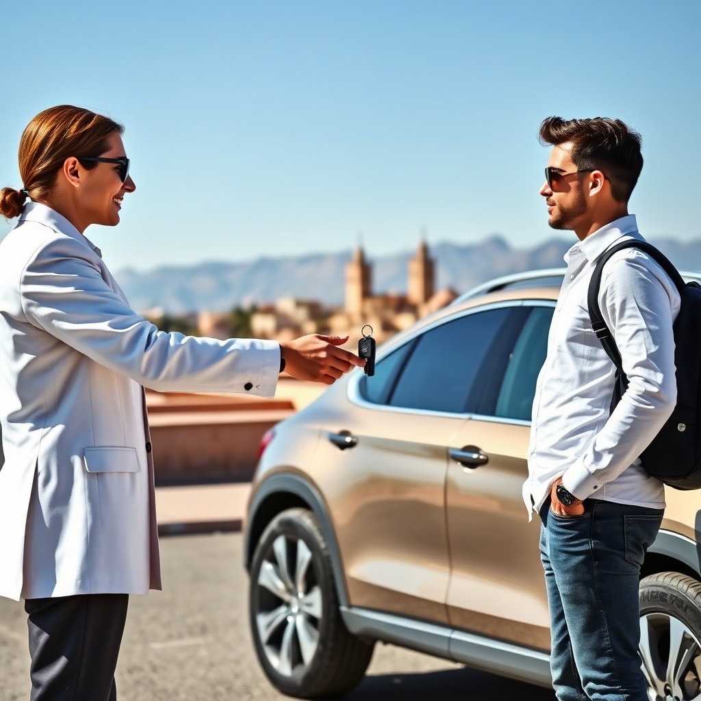 Car rental Fez Airport key handover beside a SUV, with Fez city skyline and Atlas Mountains in the background, under bright daylight