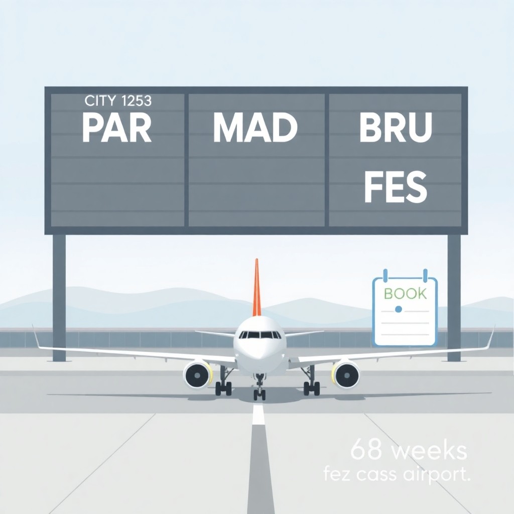 Cheap Flights to Fez (FES) from Europe Price Guide featuring a departure board with major European hubs, a low‑cost carrier aircraft, and a calendar reminder for booking ahead