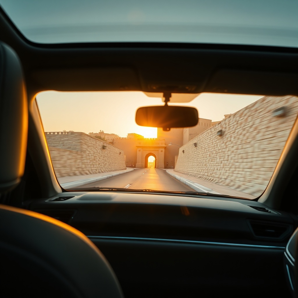 View from a pre-booked transfer vehicle approaching the ancient gates of Fez, illustrating the efficient airport arrival strategy for exploring Fez in 48 hours from airport arrival to city highlights.