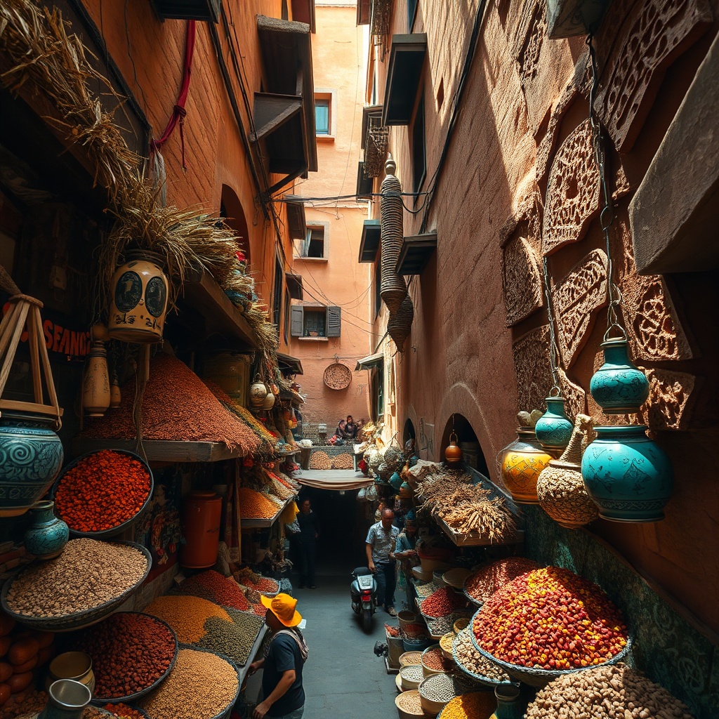 Traveler navigating the winding alleys and colorful spice markets of the old town during a 24 hours in Fez itinerary.