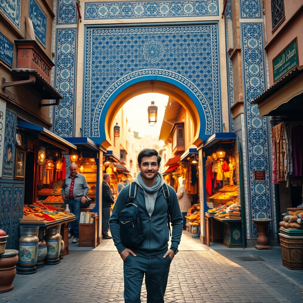 How to Handle a Fez Layover guide illustration of a traveler entering the Blue Gate to explore the Medina