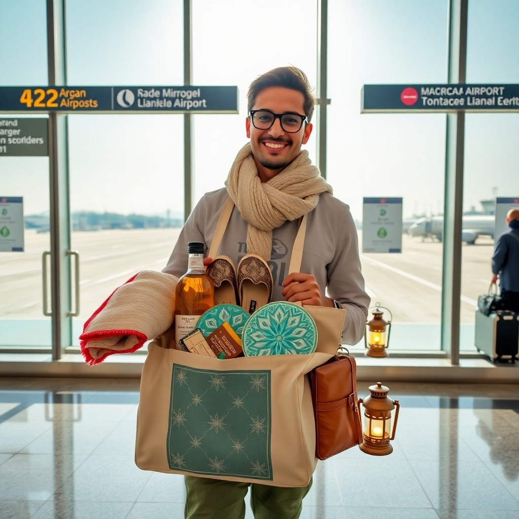 Top 7 Moroccan Souvenirs to Buy at Fez Airport (Shop Guide) carried by a traveler in the departures lounge, featuring fouta, argan oil, babouche slippers, zellige coasters, spice blend, leather journal and LED lantern