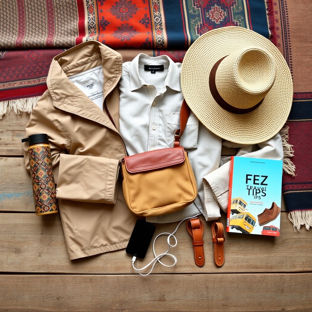 Flat lay of travel essentials for Fez including packable rain jacket, linen shirt, and anti-theft bag, perfect for Morocco trip packing