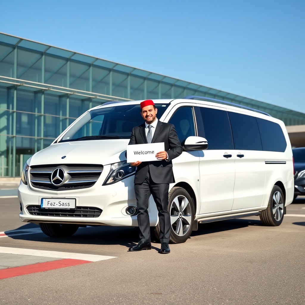 Luxury Fez airport to Medina transfer service with a professional driver and private van at the terminal