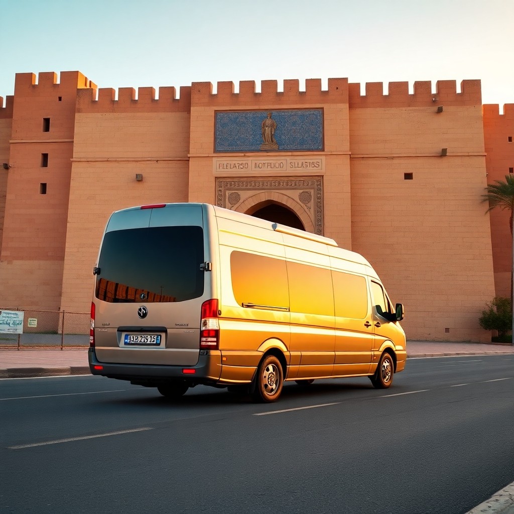 Direct airport shuttle arriving at the historic Medina gates in Fez, representing a top transport choice for visitors.