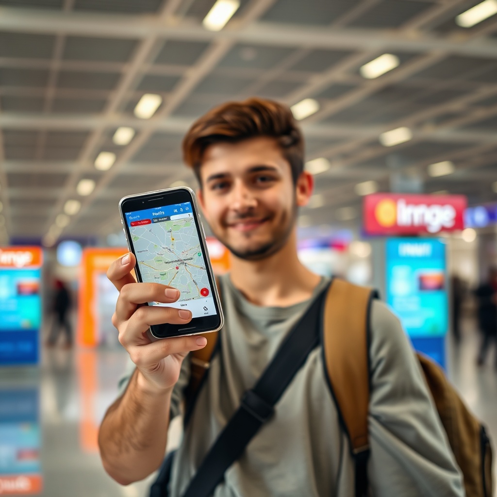 Traveler using a mobile data SIM card to stay connected in Morocco after arriving at Fez Airport.