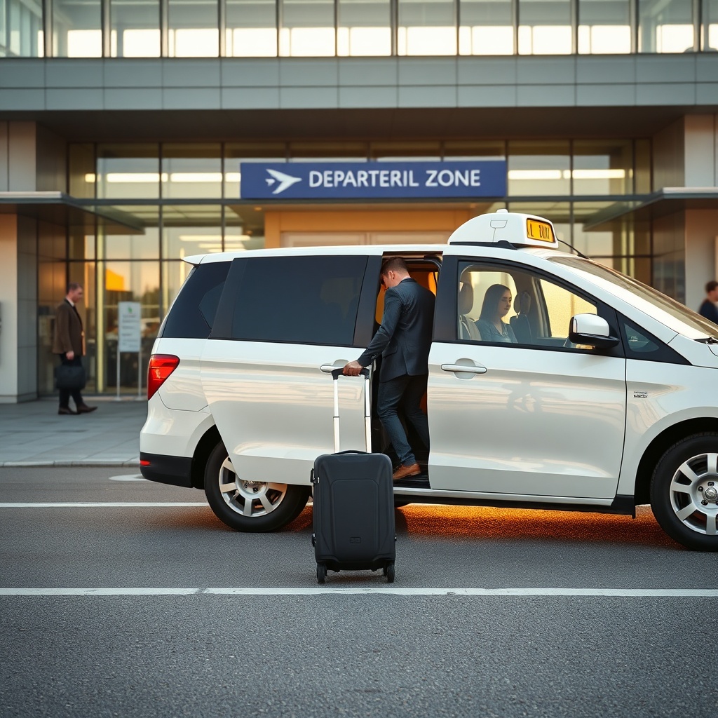 Traveler utilizing an official airport taxi transfer outside the Fez terminal, highlighting transport options and connectivity detailed in the Fez Airport Guide.