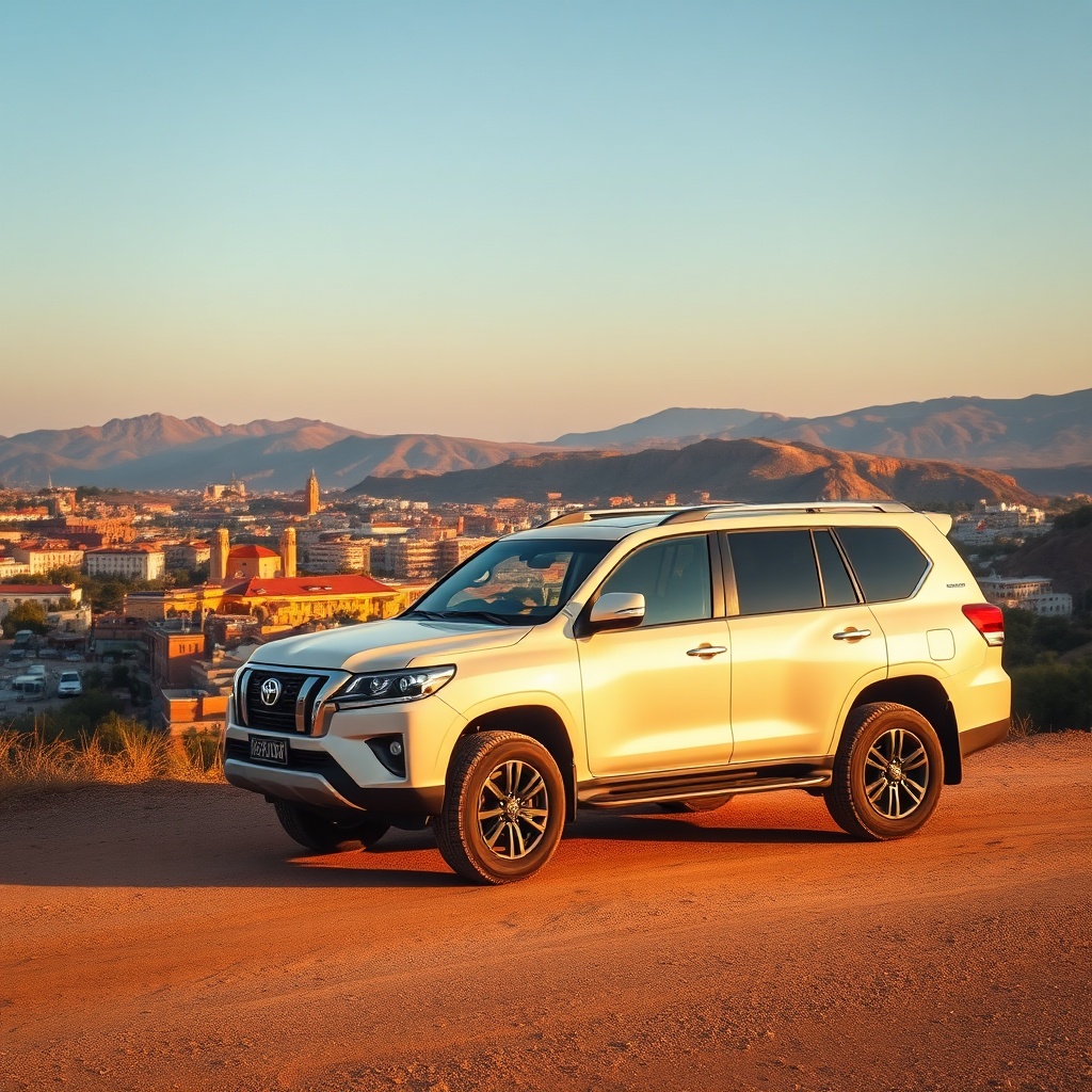 A white 4x4 rental vehicle parked on a scenic road with the view of Fez and the Moroccan mountains in the background.