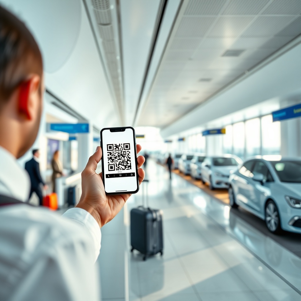Traveler using a digital app for a seamless car rental Fez Airport pick-up experience at a modern service desk.