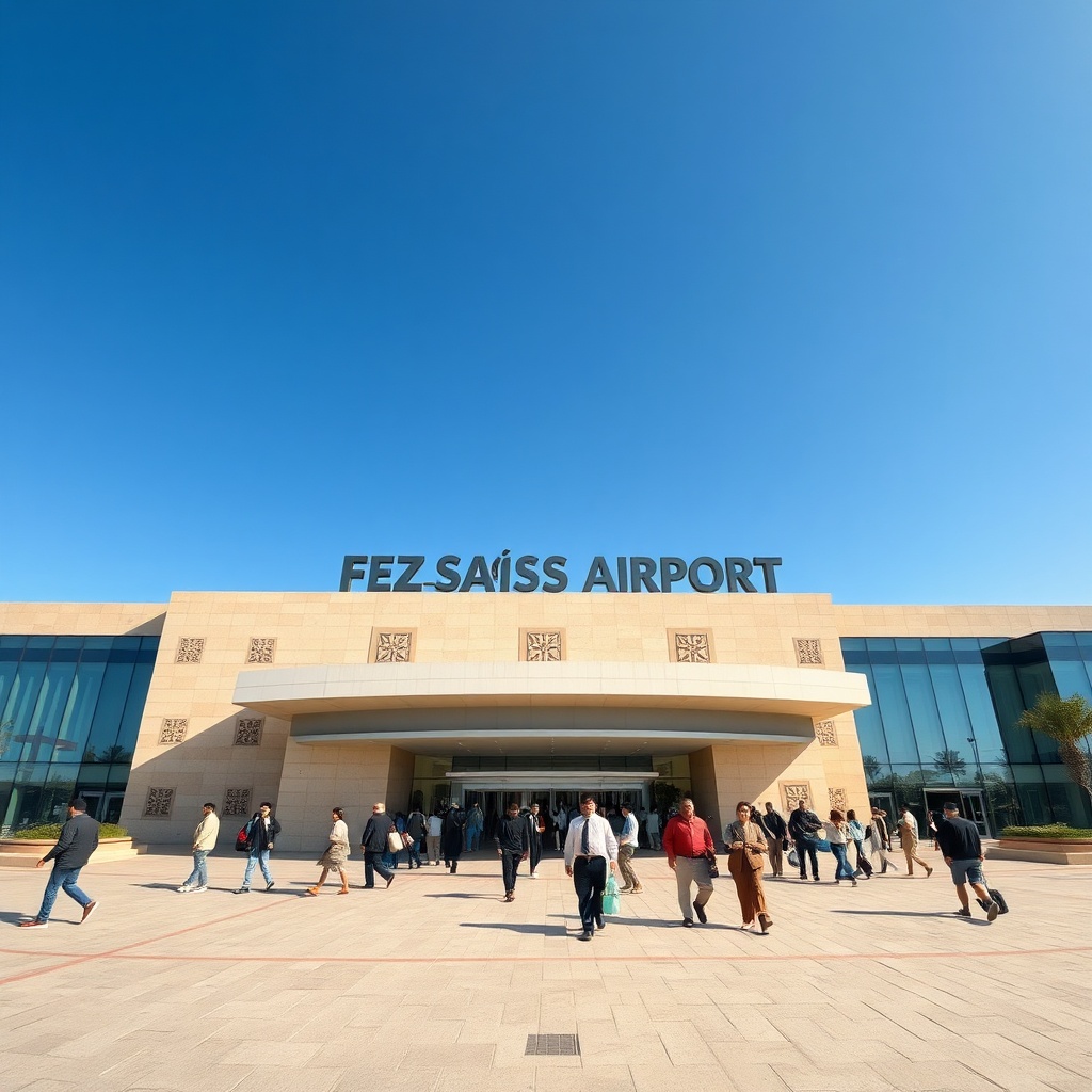 Modern exterior of Fez-Saïss Airport terminal showcasing contemporary architecture and glass facades, relevant to the Fez Airport Guide terminal layout and facilities.