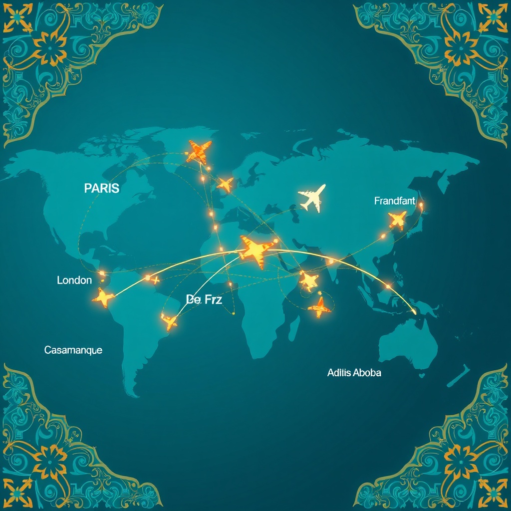 Map illustration of new flight routes to Fez airport linking major European, Middle Eastern and African cities with vibrant lines and plane icons