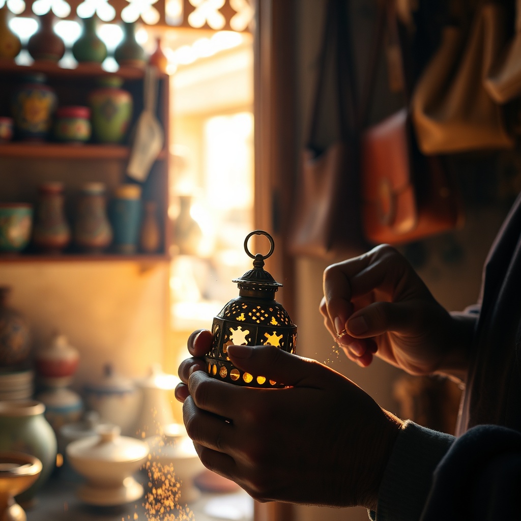Artisans crafting authentic handcrafted leather goods and brass lanterns in a traditional Fez Medina workshop, showcasing the best souvenirs Fez has to offer.