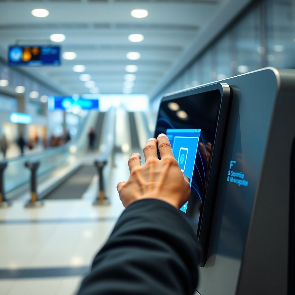 Passenger utilizing biometric security lanes at Fez Saiss Airport for quick check-in and transit