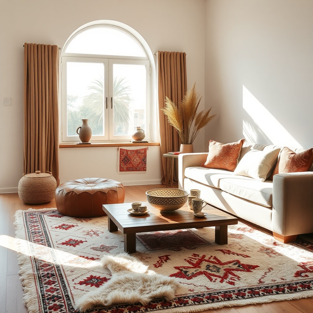 Stylish home interior featuring the best Moroccan gifts like Berber rugs and ceramics for decor.