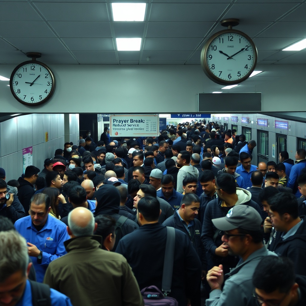 Afternoon security queue at Fez airport during Ramadan prayer break, avoid flight delays by choosing morning departures