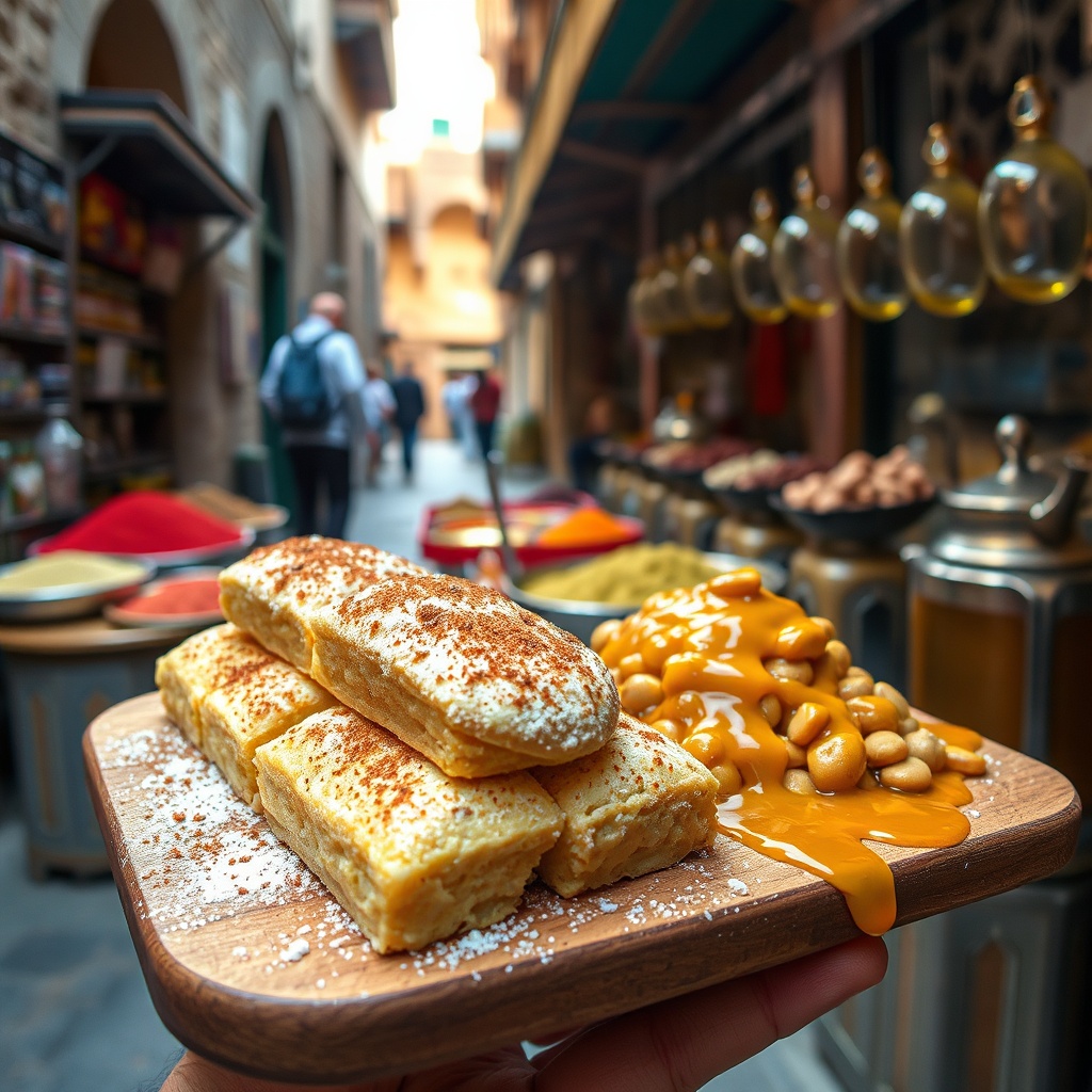 Sweet pastilla and honey-drizzled msemen displayed in a market, highlighting delicious Moroccan foods in Fez.