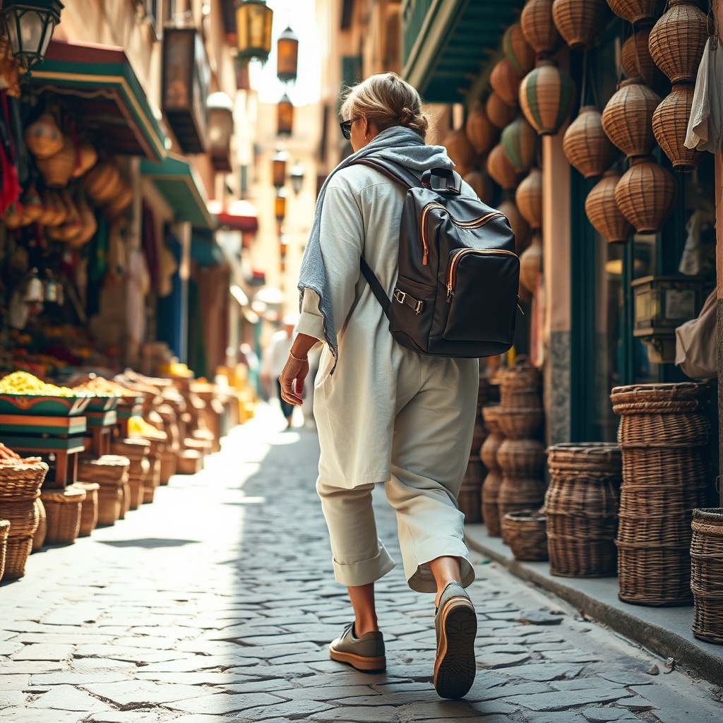 Traveler in modest breathable clothing and sneakers navigating Fez el-Bali alleys with a daypack, showcasing a practical Fez Morocco packing list in action