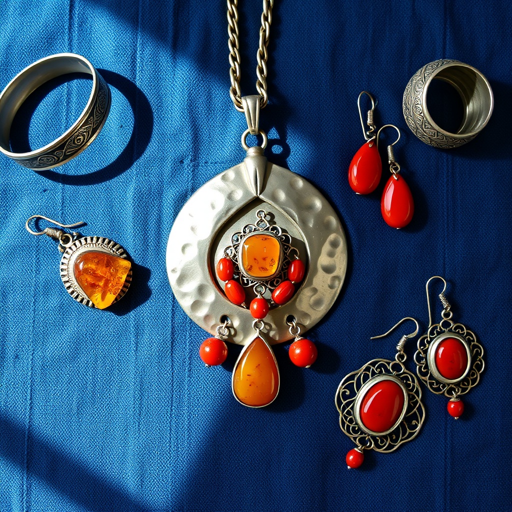Collection of authentic Moroccan jewelry showcasing high-grade silver and natural amber stones on a traditional textile