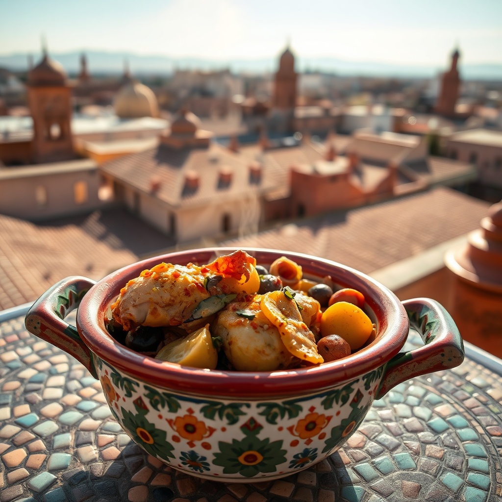 A steaming traditional Moroccan tagine on a tiled table overlooking the historic city, representing culinary experiences from the Fez Airport stopover guide.