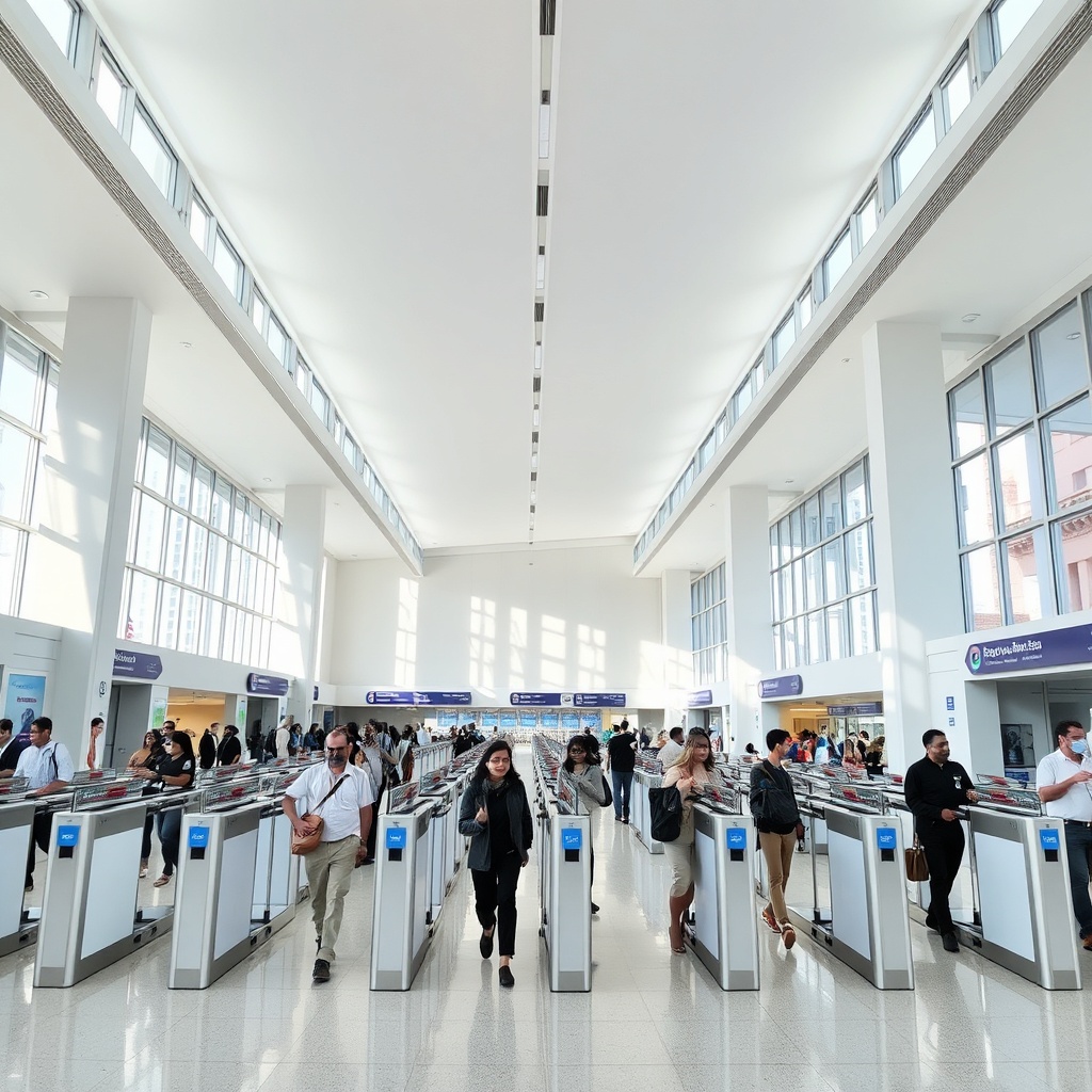 Travelers navigating the automated e-gates inside Fez Airport terminal, as detailed in the Fez Airport travel guide.