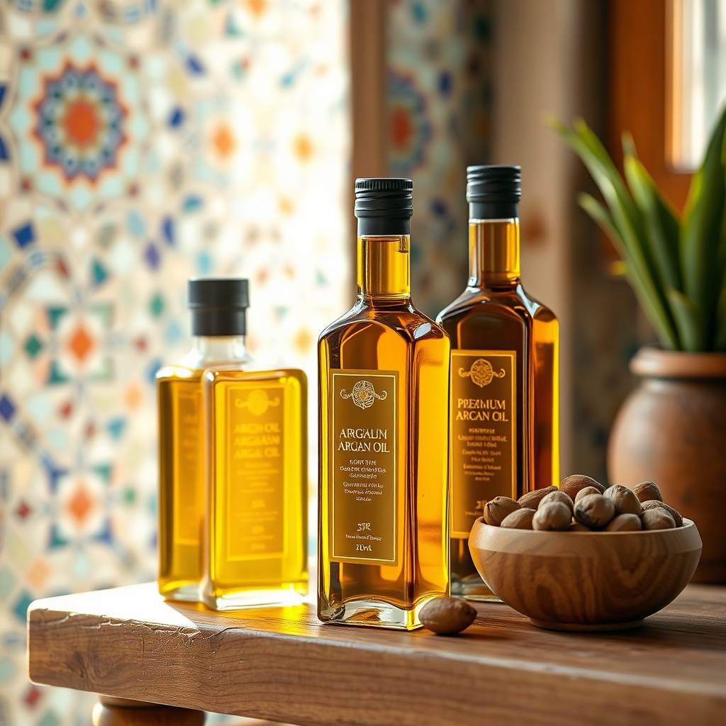 Premium golden argan oil bottles displayed on a wooden shelf in a traditional shop, highlighting the best places to buy argan oil in Fez.