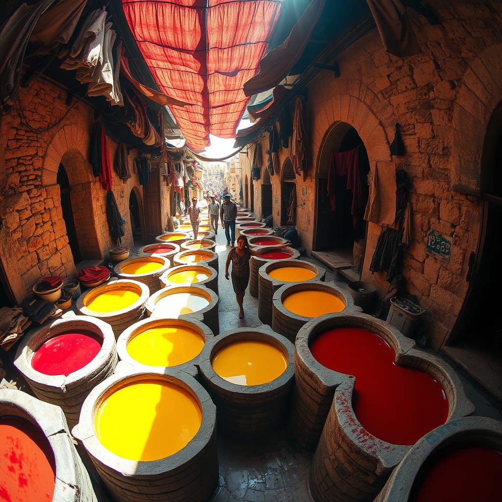 A vibrant view of the Chouara Tanneries featuring colorful dye vats, a key location for finding sustainable Moroccan leather souvenirs.