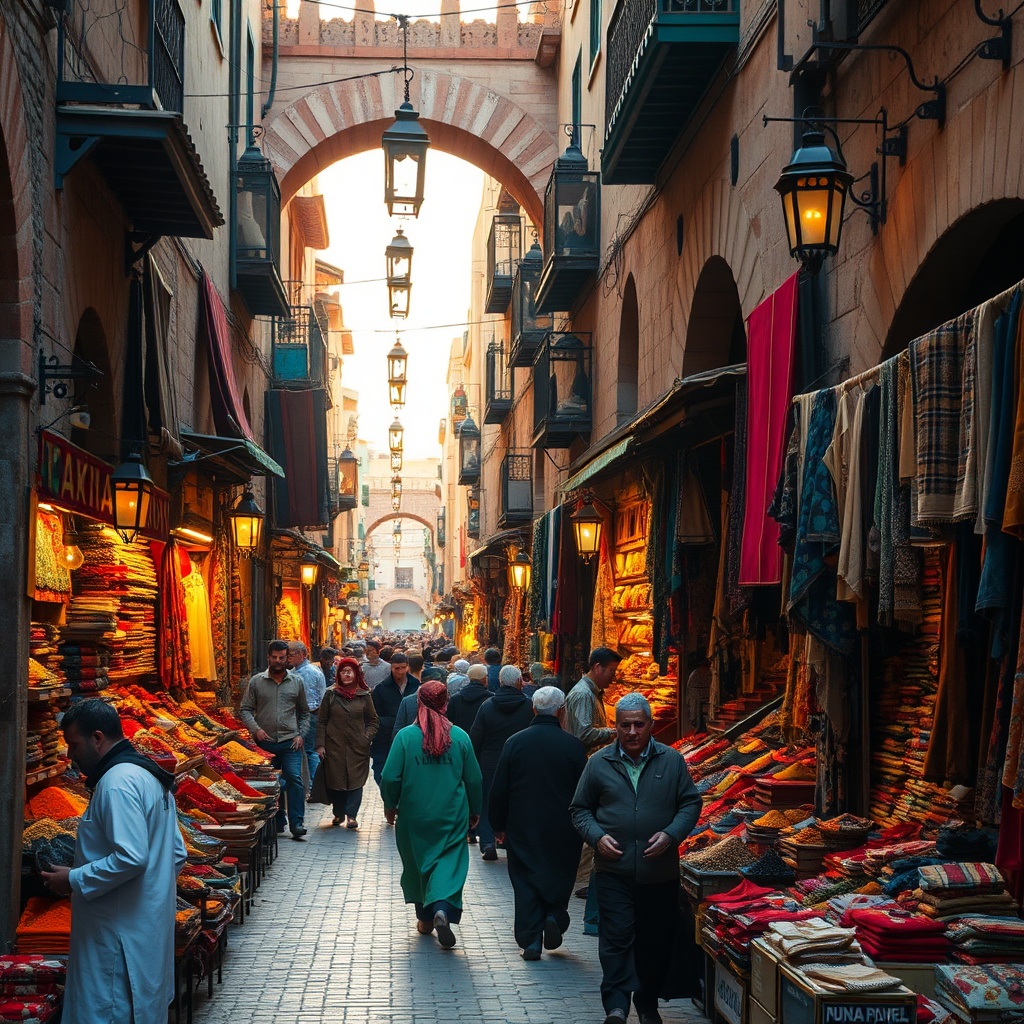 Explore Fez Morocco through a lively souk scene filled with spices, textiles, and warm lantern light