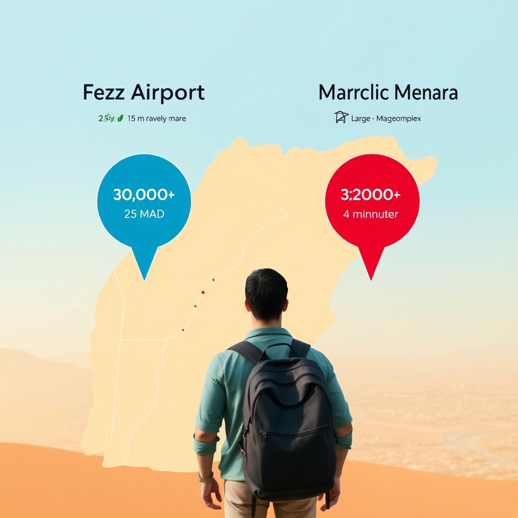 Fez Airport vs Marrakech Menara infographic with taxi fares, runway lengths, and sustainability scores
