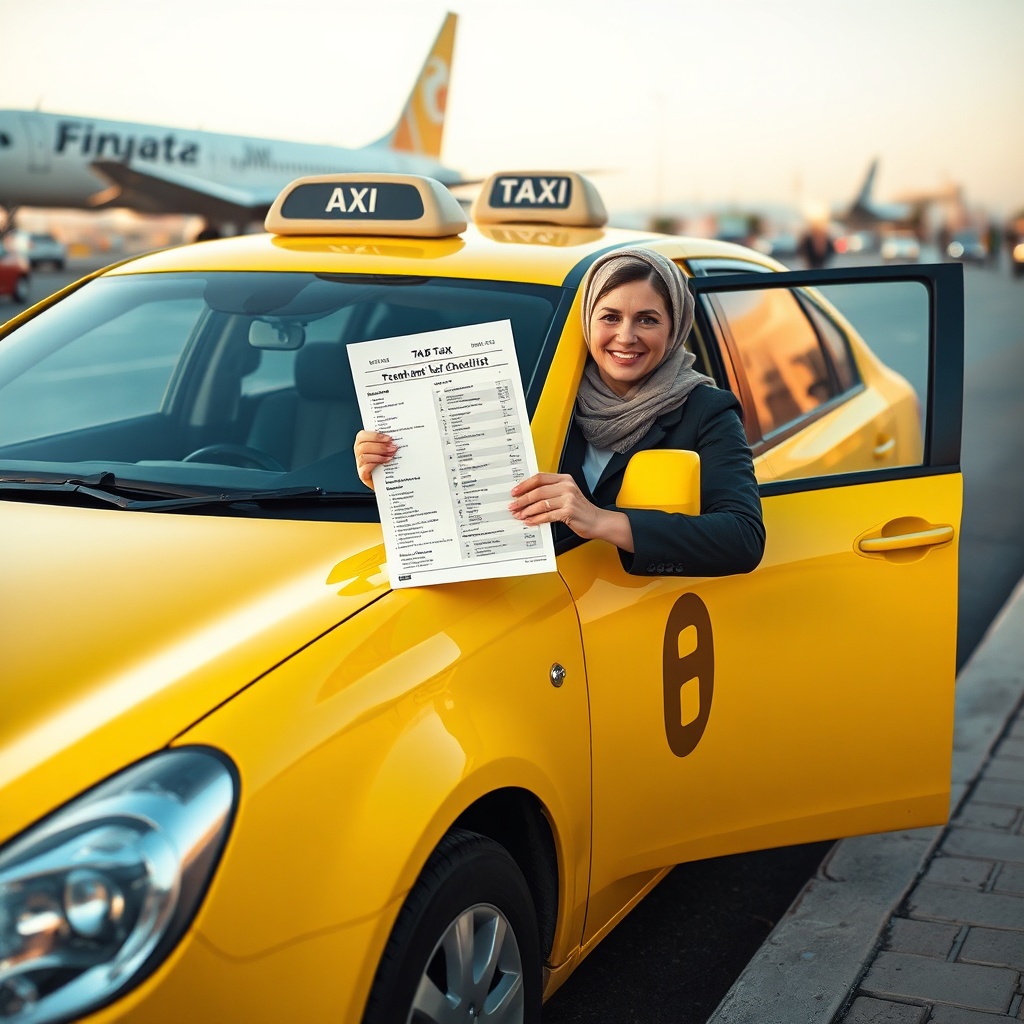 Layover Fez taxi waiting at the airport with a travel checklist and route map, driver ready to take passengers to the medina
