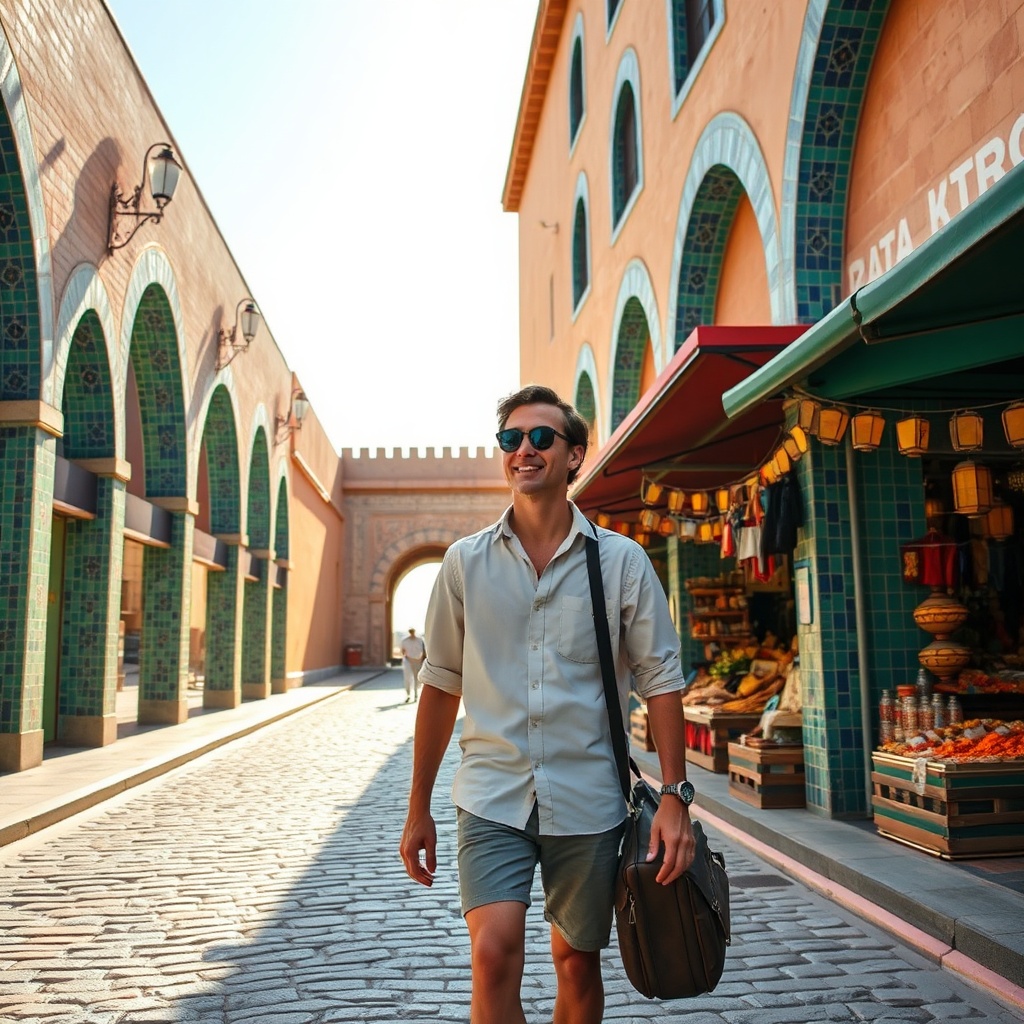 Layover Fez traveler emerging from the airport into the historic medina, walking toward Bab Boujloud with colorful stalls and lanterns, vibrant street scene
