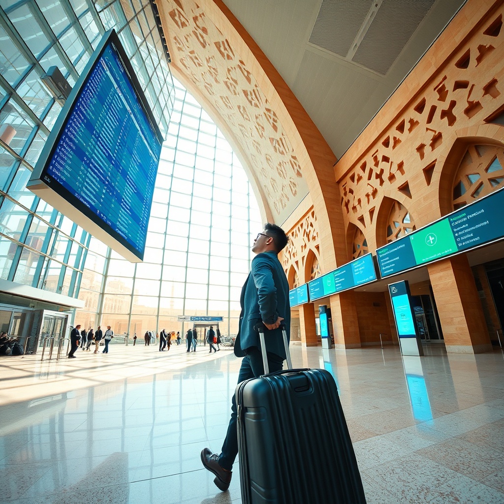 A modern traveler checking digital signage inside the Fes-Sais terminal, illustrating a helpful Fez Airport services guide.