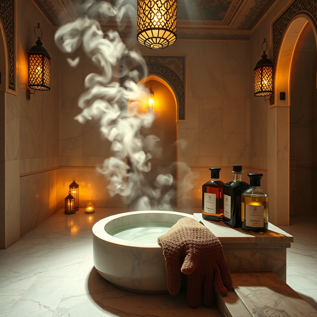 Opulent interior of a luxury Moroccan spa hammam featuring marble architecture, golden lantern lighting, and traditional argan oil treatments