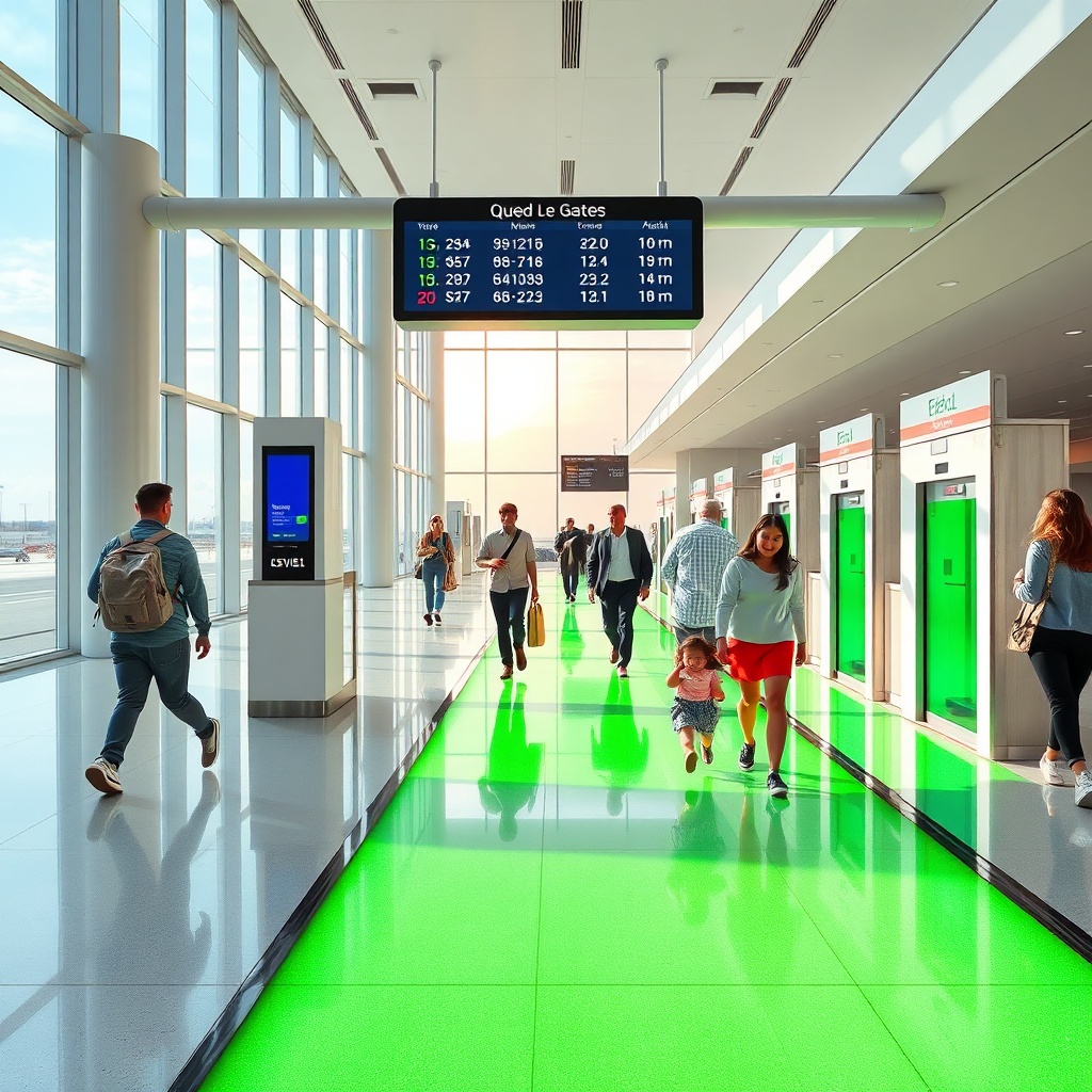 Travelers following the illuminated green floor path to biometric e‑gates in Fez Airport arrival guide, showcasing modern digital displays and bright terminal ambiance