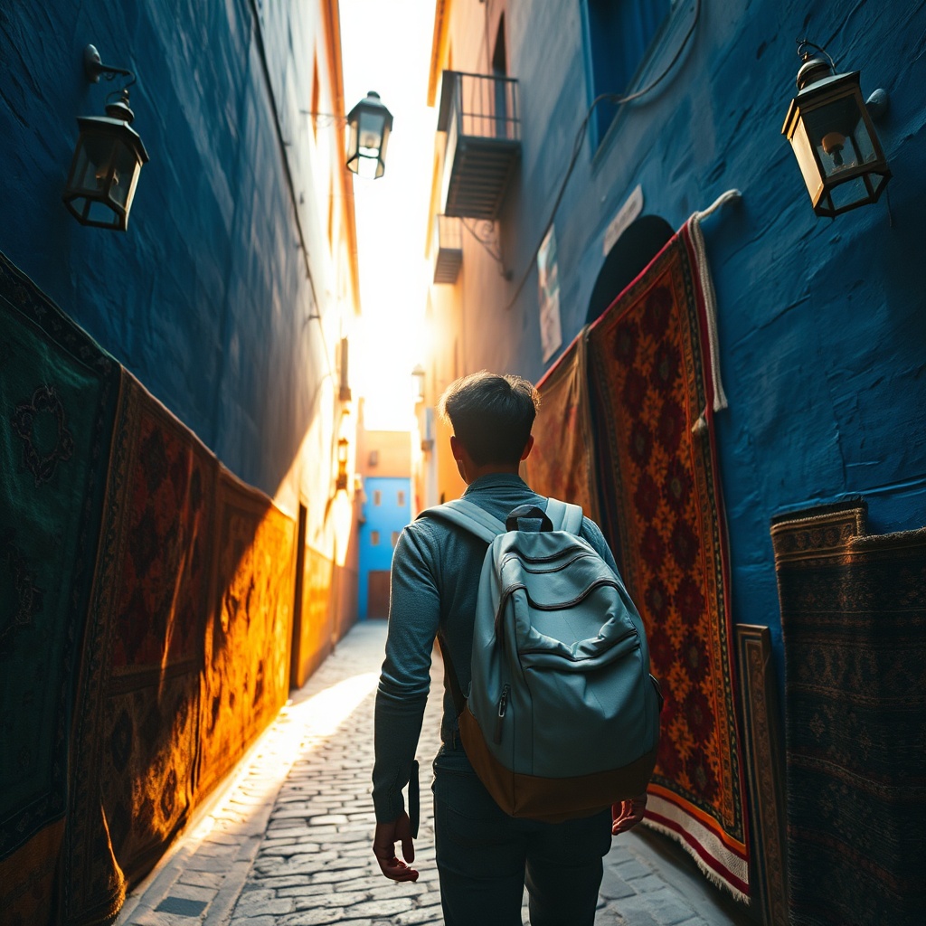 A traveler walking through the vibrant, narrow blue alleys of the Fez Medina, showcasing a quick day trip excursion from a Fez Airport stopover guide.