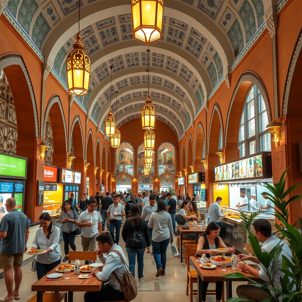 Travelers savoring authentic Moroccan dishes at the bustling Fez Airport restaurants food court with zellige tile decor and warm lantern lighting
