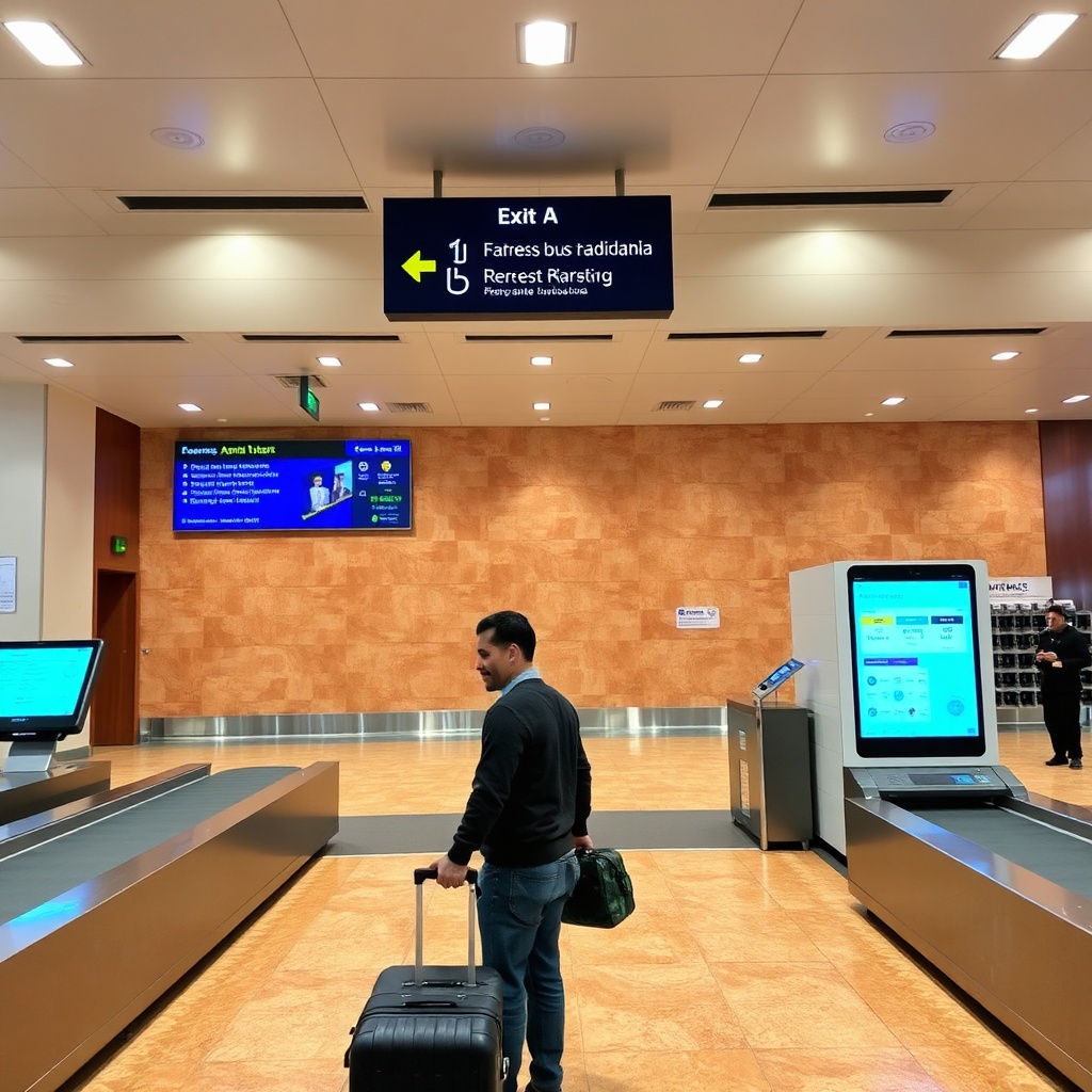 Three‑lane baggage claim area with automated lockers and porter desk highlighted in Fez Airport arrival guide, illustrating quick luggage retrieval and transport signage