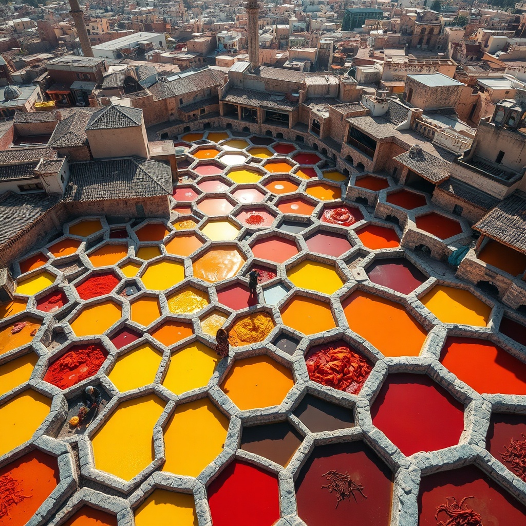 Aerial perspective of the colorful dye pits at Chouara Tannery, an essential cultural stop for any Fez travel guide itinerary.