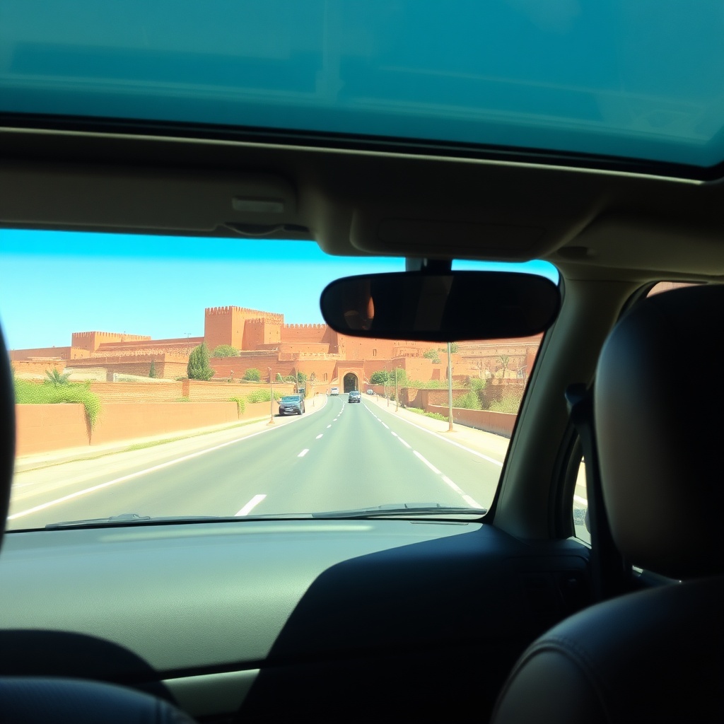 Reliable Fez airport transfer service driving passengers along the smooth road towards the historic Medina.