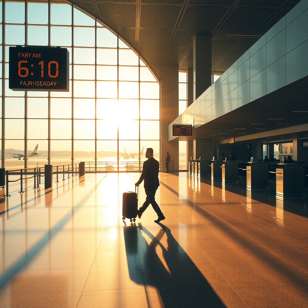 Traveler at Fez airport early morning to avoid flight delays during Ramadan, calm terminal with prayer schedule board