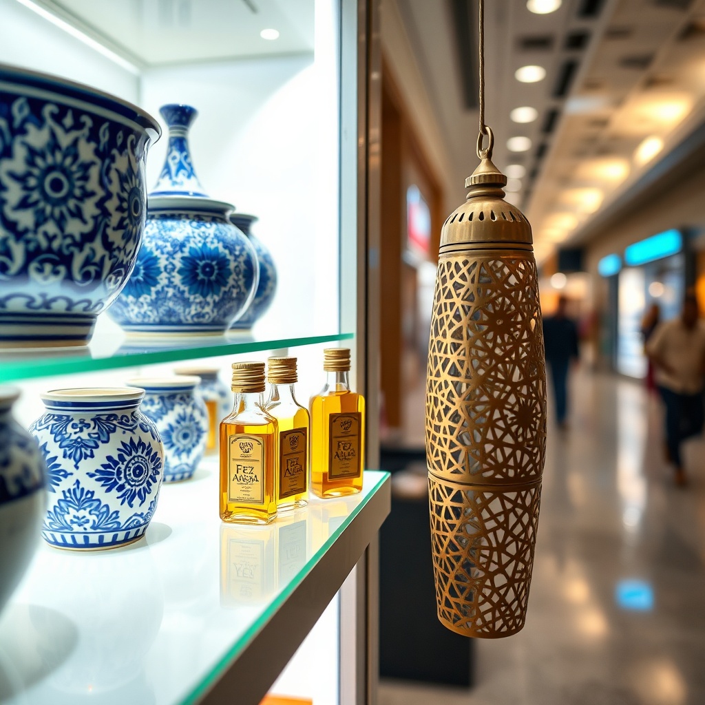 Premium Moroccan souvenirs including argan oil and traditional ceramics on display at the Fez Airport duty free retail section
