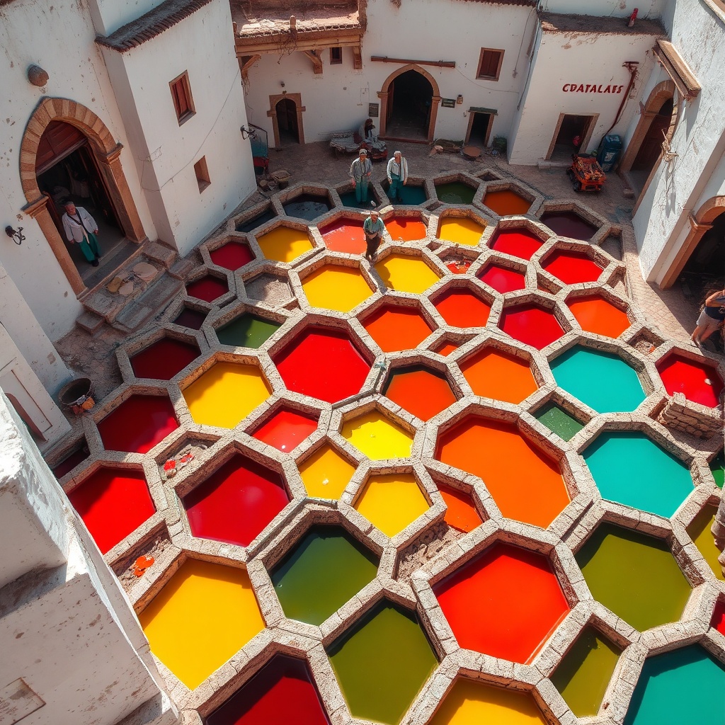 Artisans working at the colorful Chouara Tannery vats in Fez, a top attraction recommended in any Fez layover guide.