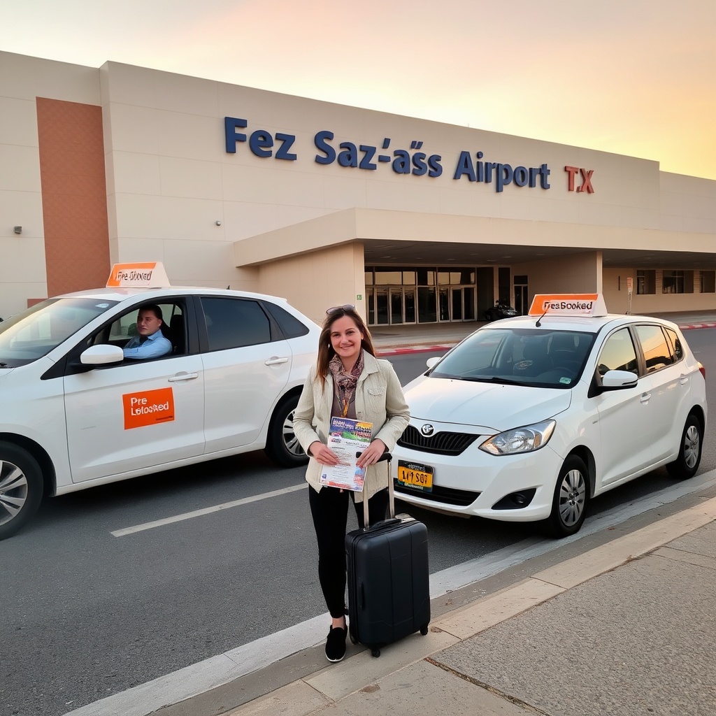 Pre‑booked taxi waiting at Fez Airport exit, part of Fez Airport arrival tips for seamless transportation to the city center